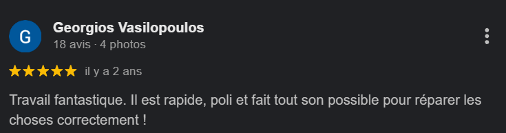 Avis d'une personne nommée Georgios Vasilopoulos avec une note de 5 étoiles, parlant de travaux rapides, polis et efficaces.