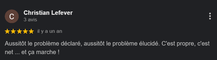 Avis 5 étoiles , louant la propreté et la clarté du problème résolu rapidement.