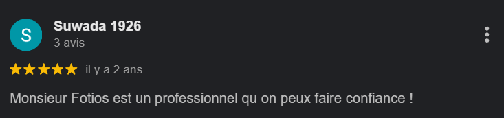 Avis positif de Suwda 1926 sur une plateforme, recommandant Monsieur Fotos comme professionnel fiable.