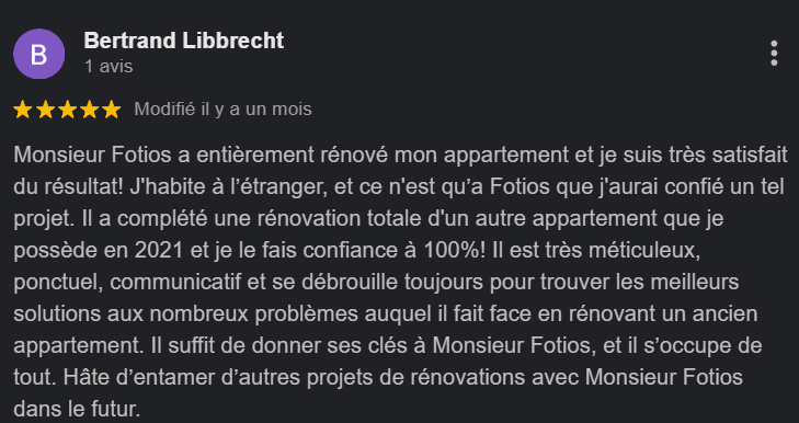 Avis positif d'un client pour la rénovation d'un appartement par Monsieur Fotios.