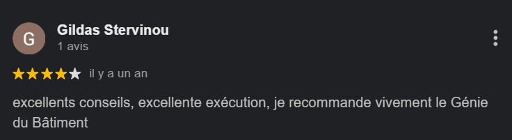 Avis en ligne avec 4 étoiles, recommandé le Génie du Bâtiment.
