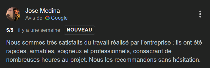Capture d'écran d'une évaluation positive sur une plateforme en ligne, avec un commentaire en français.