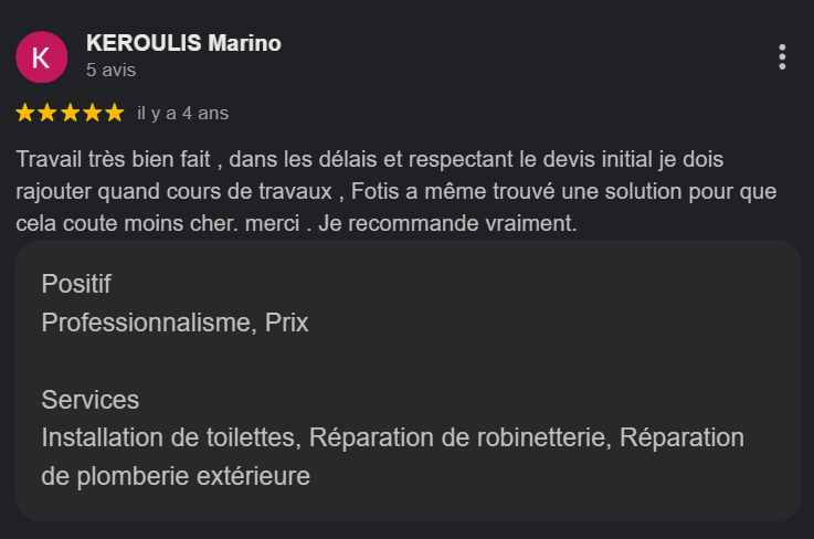 Capture d'écran d'une critique en ligne pour un service de plomberie, mentionnant la qualité du travail, le respect des délais, et une recommandation positive.