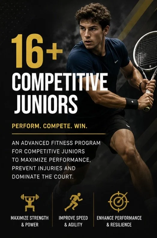 A young man in athletic clothing holding a tennis racket, with text promoting a fitness program for 16 years or older competitive juniors.