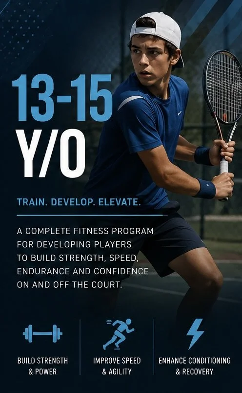 A young male tennis player wearing a dark blue shirt, black shorts, a white cap, and wristbands, holding a tennis racket ready to hit a ball on a tennis court with a dark background, promoting a fitness program for tennis players 13-15 years old.