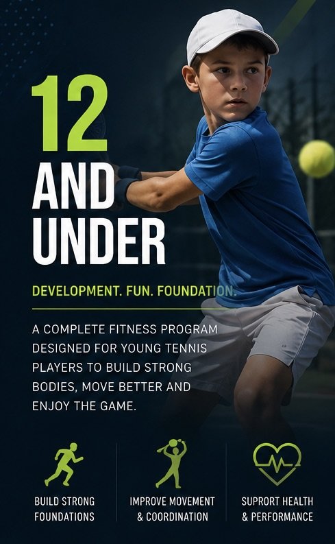 A young boy in a blue shirt and white cap preparing to hit a tennis ball on a tennis court with text promoting a fitness program for tennis players 12 years old or under.