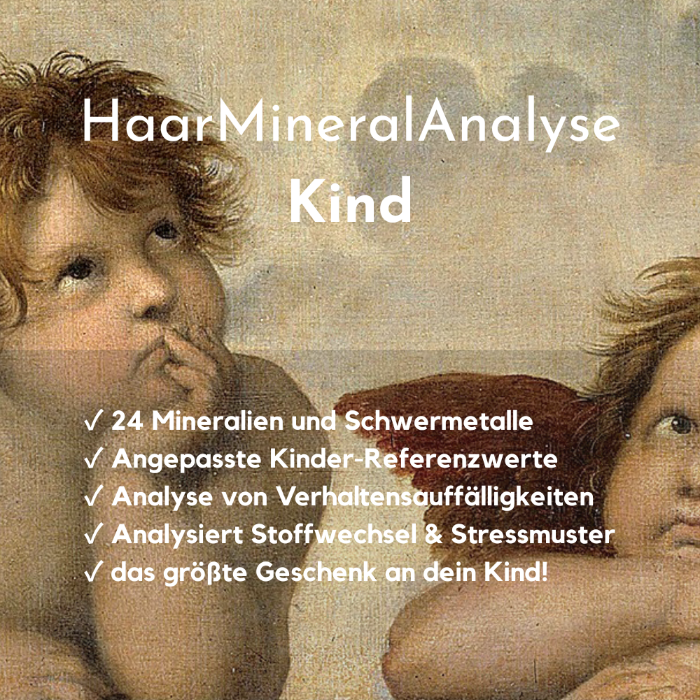 Eine digitale Anzeige mit Text über HaarMineralAnalyse für Kinder, mit einem Hintergrund des berühmten Gemäldes 'Die Schöpfung Adams' von Michelangelo, bei dem ein Kind und ein Engel zu sehen sind.