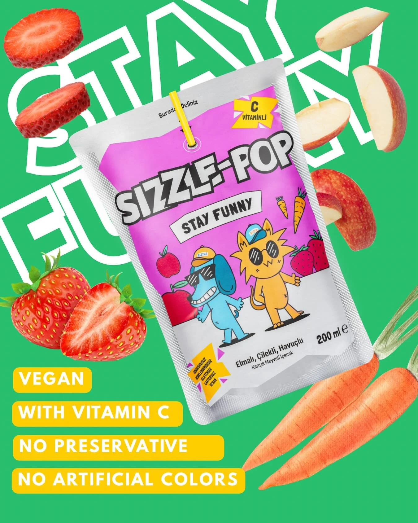 ⁨	Stay Funny 

Strawberry &bull; Apple &bull; Carrot

خلّ الضحكة مستمرة Stay Funny! 😂💜
الفراولة مع التفاح والجزر يعطي طعم جديد&hellip; ولذيذ بطريقة غير متوقعة!

✔️ Vegan
✔️ غني بفيتامين C
✔️ بدون مواد حافظة
✔️ بدون ألوان صناعية

النكهة اللي تخلي كل