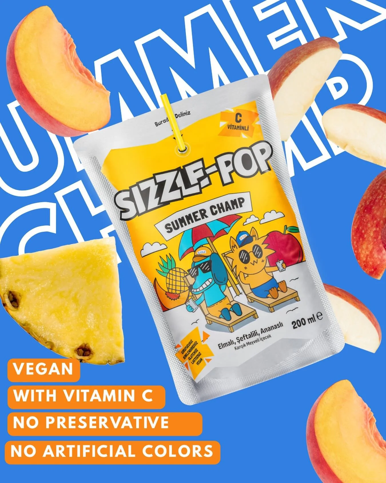 ⁨	⁨	⁨	Summer Champ 

Peach &bull; Apple &bull; Pineapple

Summer Champ&hellip; ☀️🍍🍎! نكهة صيفية فريش وممتعة

خوخ وتفاح وأناناس بنكهة خفيفة ولذيذة يحبّونها الأطفال.

Vegan ✔️
✔️ غني بفيتامين C
✔️ بدون مواد حافظة
✔️ بدون ألوان صناعية

نكهة صيفية&hell