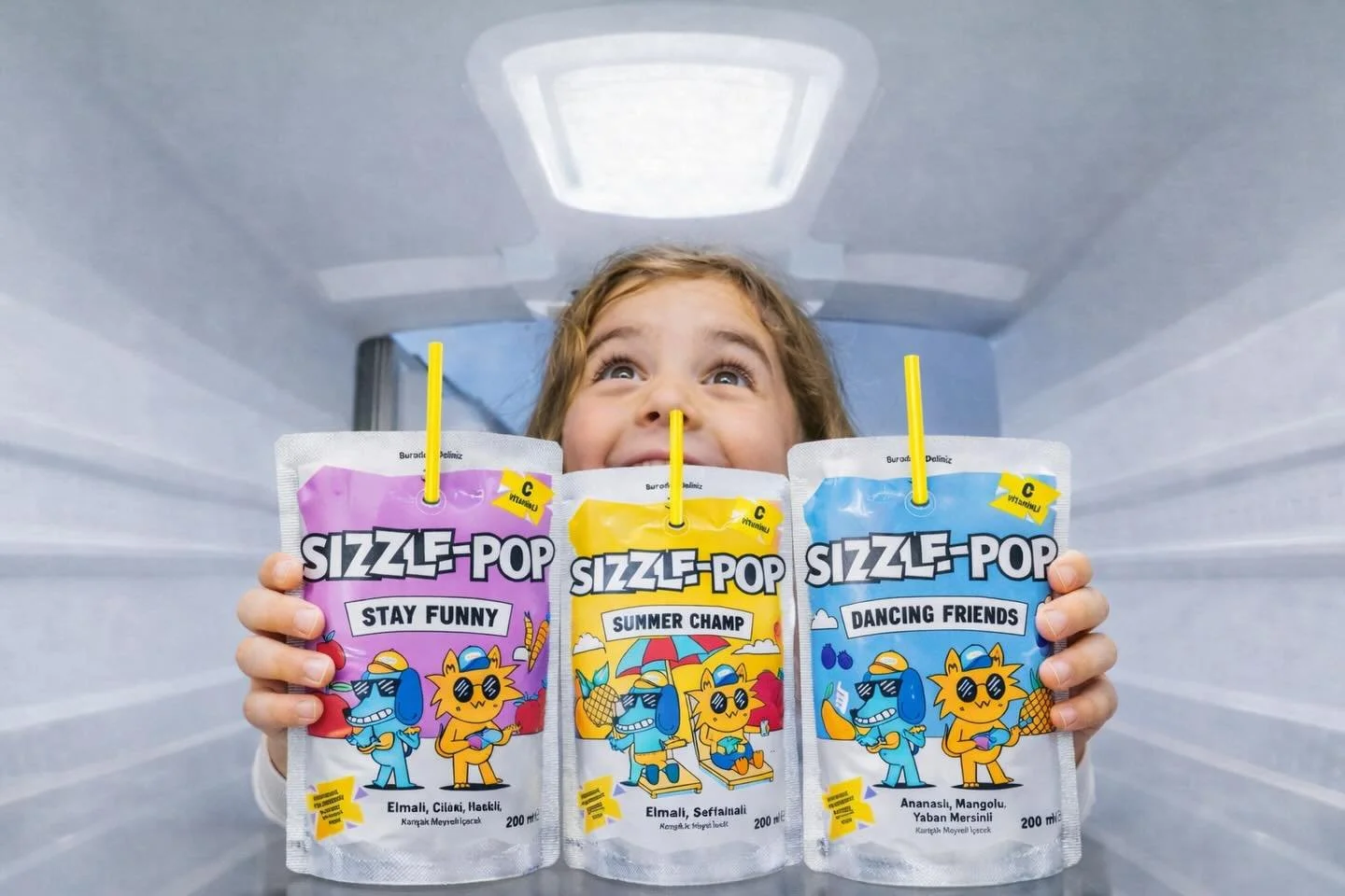 ⁨	كل نكهة أحلى من الثانية 😍🧃
💜 Stay Funny
💛 Summer Champ
💙 Dancing Friends