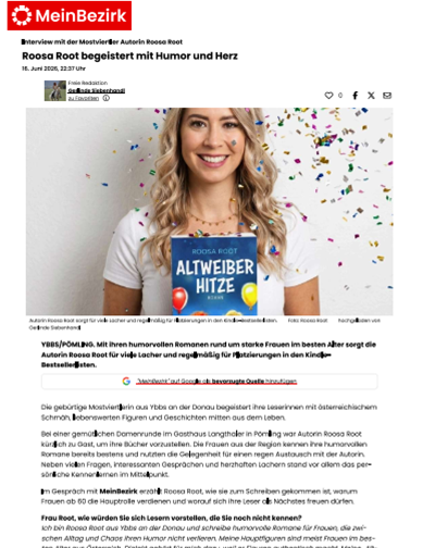 Blonde Autorin hält Buch Altweiber-Hitze. Mein Bezirk Melk Artikel Zeitung