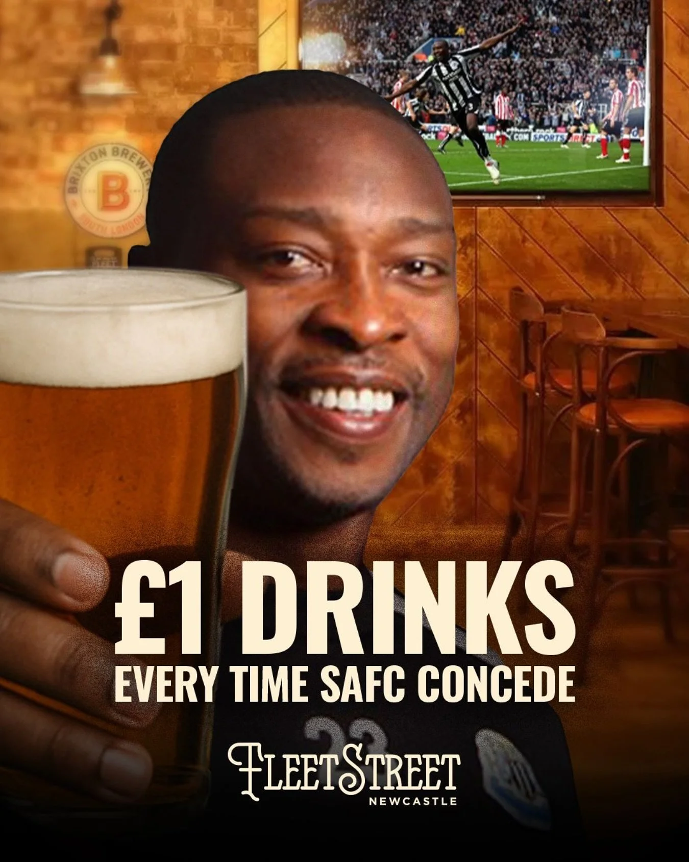 Nothing sweeter than Mackem&rsquo;s tears in your pint 🍻 &pound;1 drinks every time they concede &ndash; Fleet Street&rsquo;s got you covered 🖤🤍 #FleetStreetNewcastle #PremierLeague #SAFC