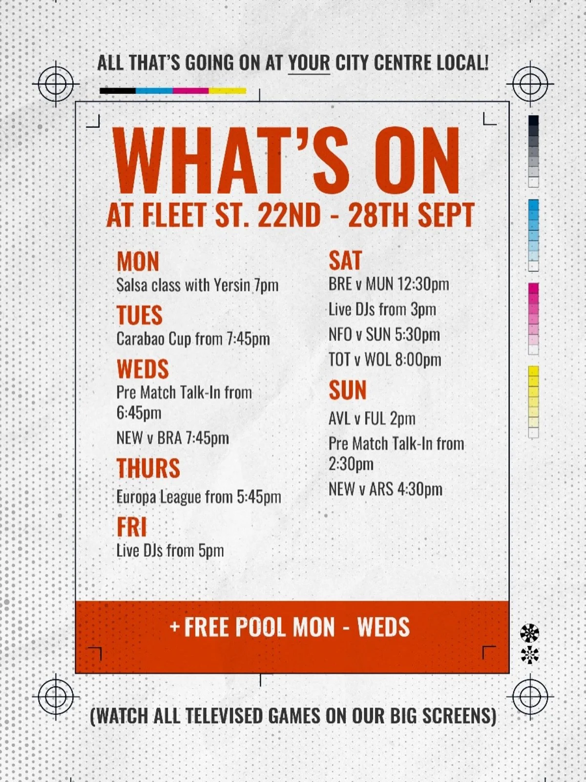 Here&rsquo;s what&rsquo;s on this week at Fleet Street! ⚽🎶 From live DJs to loads of live footy, and free pool &ndash; we&rsquo;ve got your week covered 🙌🍻 #WhatsOn #FleetStreetNewcastle