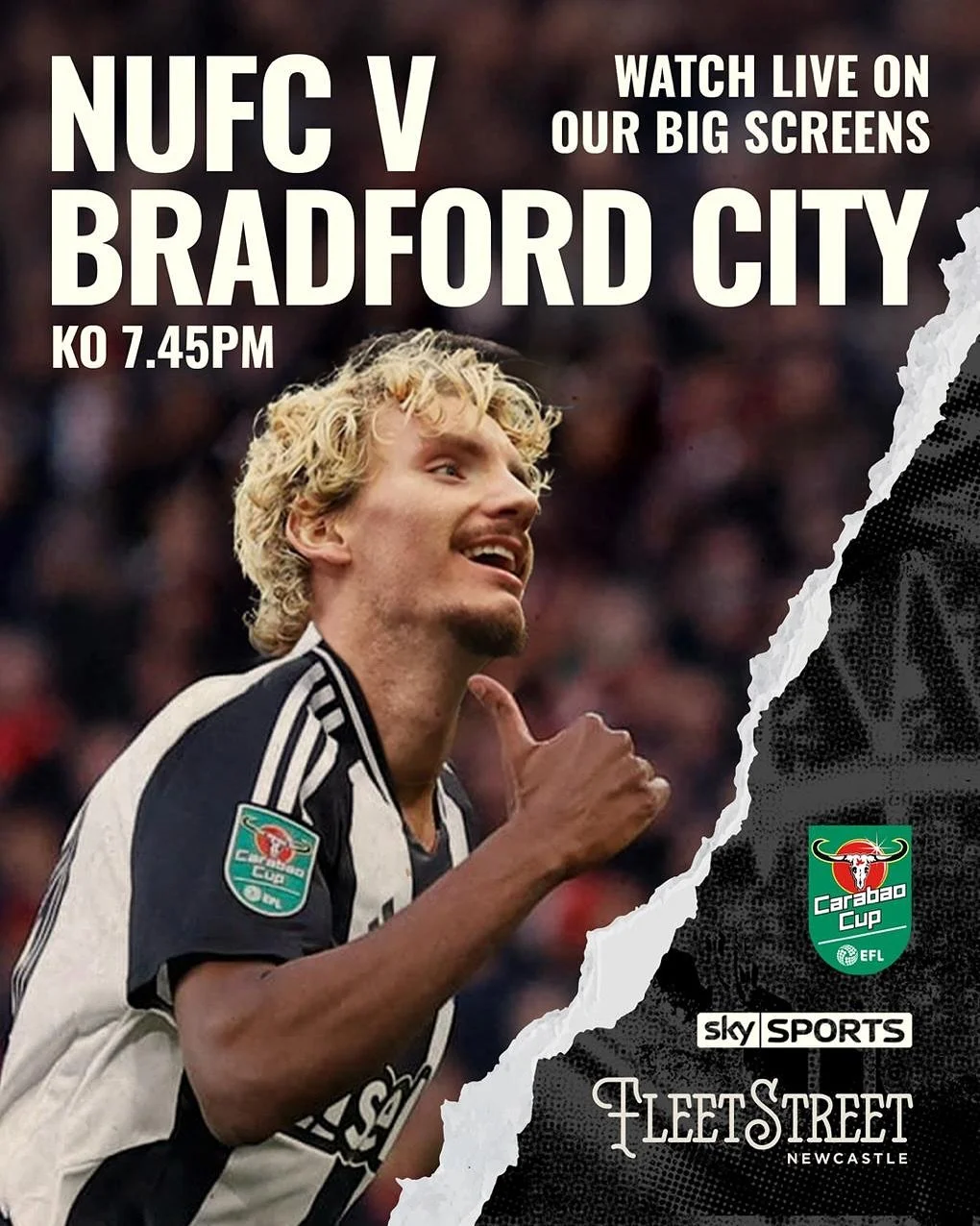 The Toon kick off their campaign to retain their League Cup Trophy triumph tomorrow night against Bradford and it&rsquo;s all being screened live at Fleet Street. 

Join us for our FREE pre-match talk in starting from 6.45pm, hosted by John Gibson an
