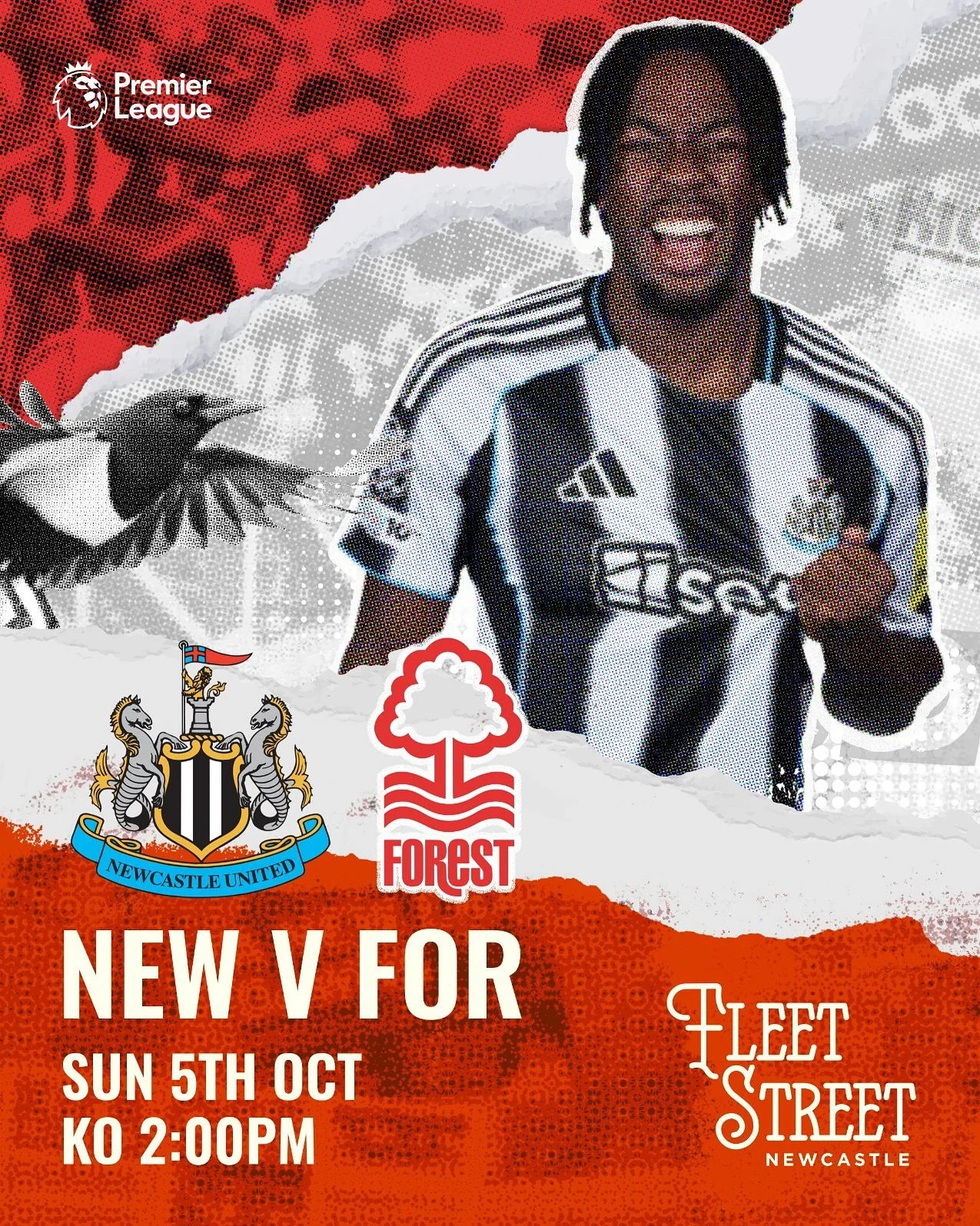 ⚫⚪ Matchday this Sunday! ⚫⚪
Newcastle v Forest &ndash; KO 2pm 🙌

🍻 &pound;8 pie &amp; pint combo all day
🥳 &pound;1 drinks for 10 mins every time the lads score

Big screens, top atmosphere, proper matchday vibes at Fleet Street. See you there! 🖤