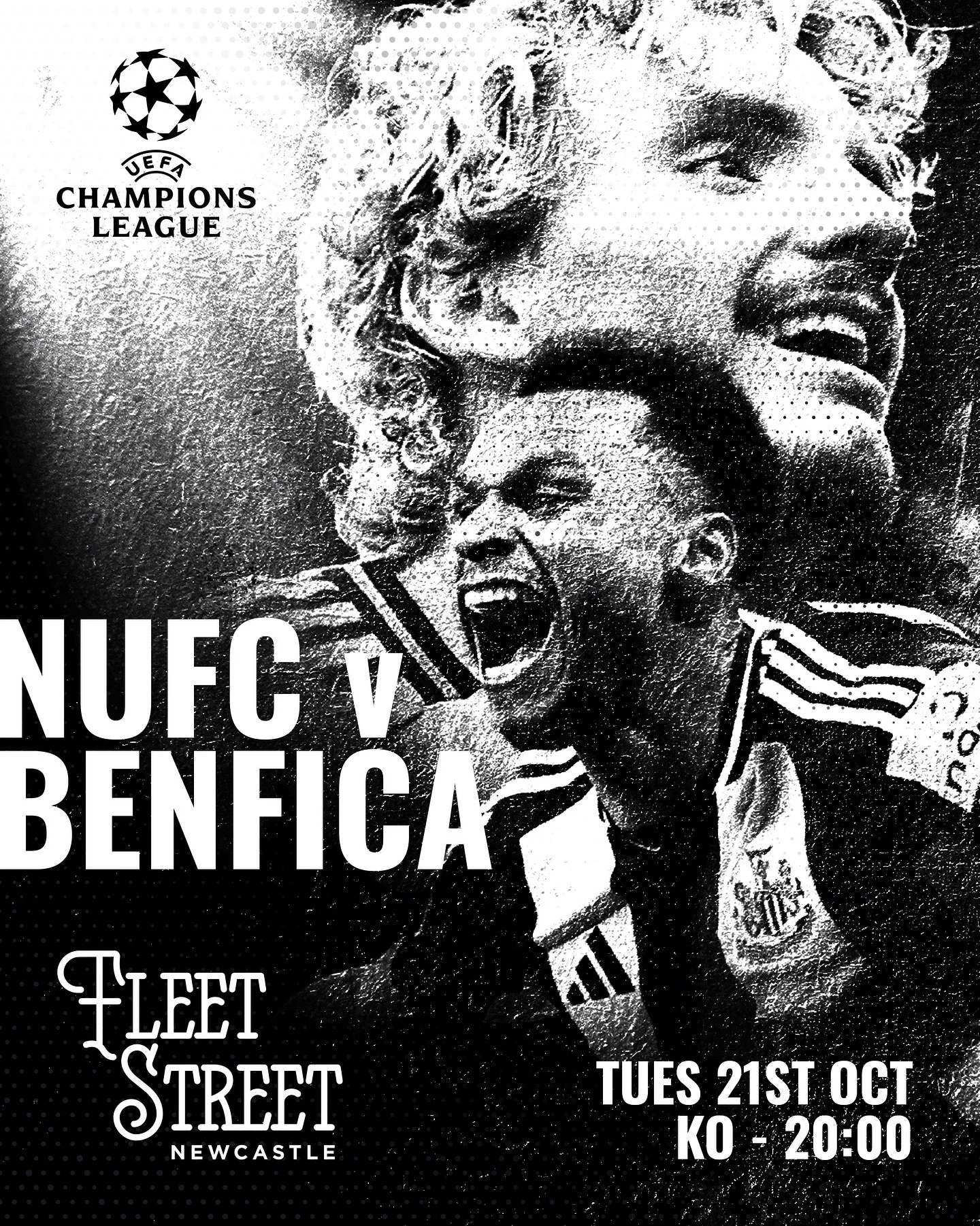 ⚫⚪ Champions League night at Fleet Street TOMORROW ⚫⚪
NUFC v Benfica &ndash; KO 8PM

We&rsquo;re getting started early with a pre-match chat from John Gibson and VERY special guest Supermac &ndash; bit of proper build-up before kick off 👀

And don&r