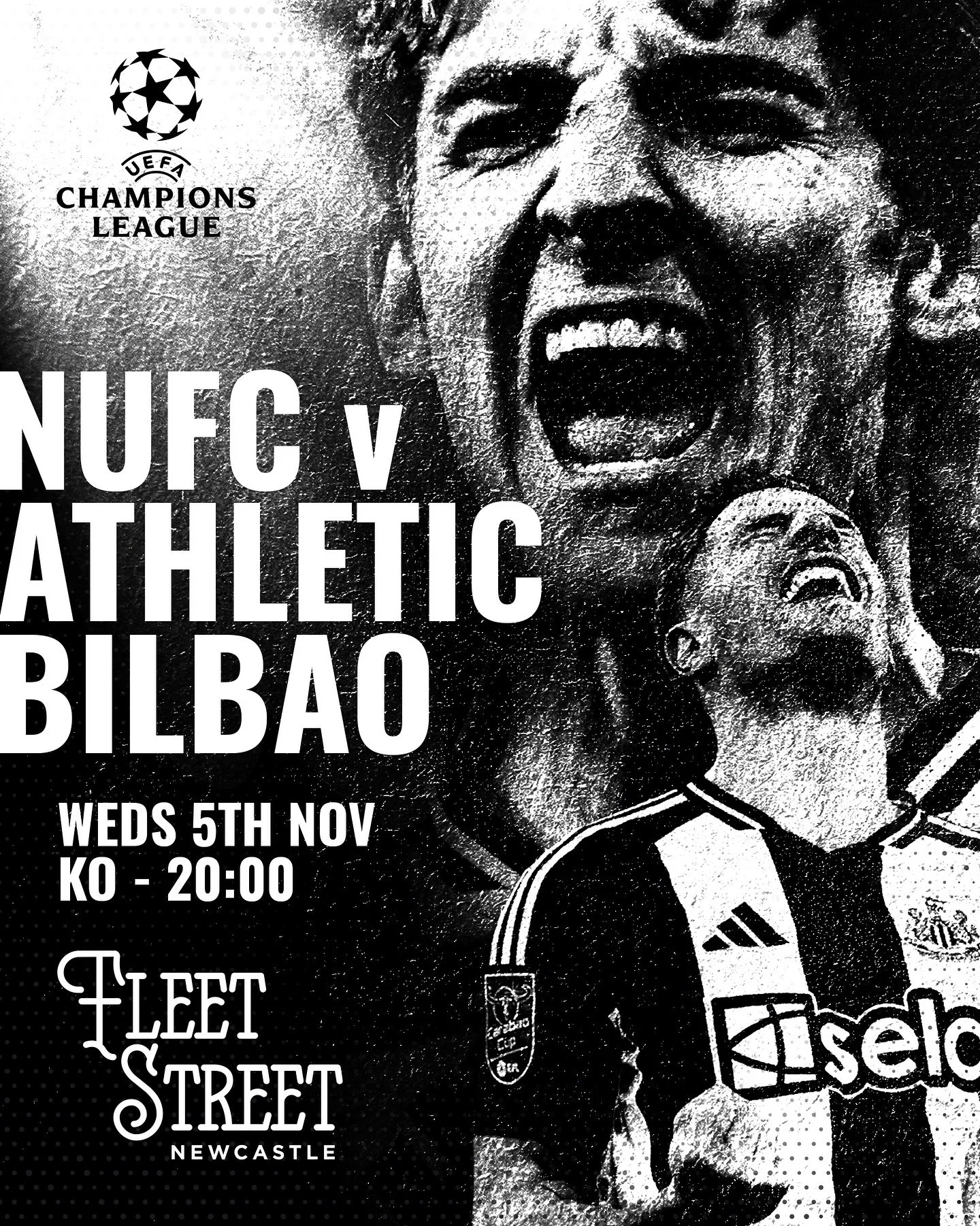 ⚫⚪ Champions League night at Fleet Street! ⚫⚪
The Toon take on Athletic Bilbao in what&rsquo;s set to be another massive night ⚽️

We&rsquo;ll have a pre-match talk hosted by John Gibson and NUFC legend John Anderson to set the tone before kick-off ?