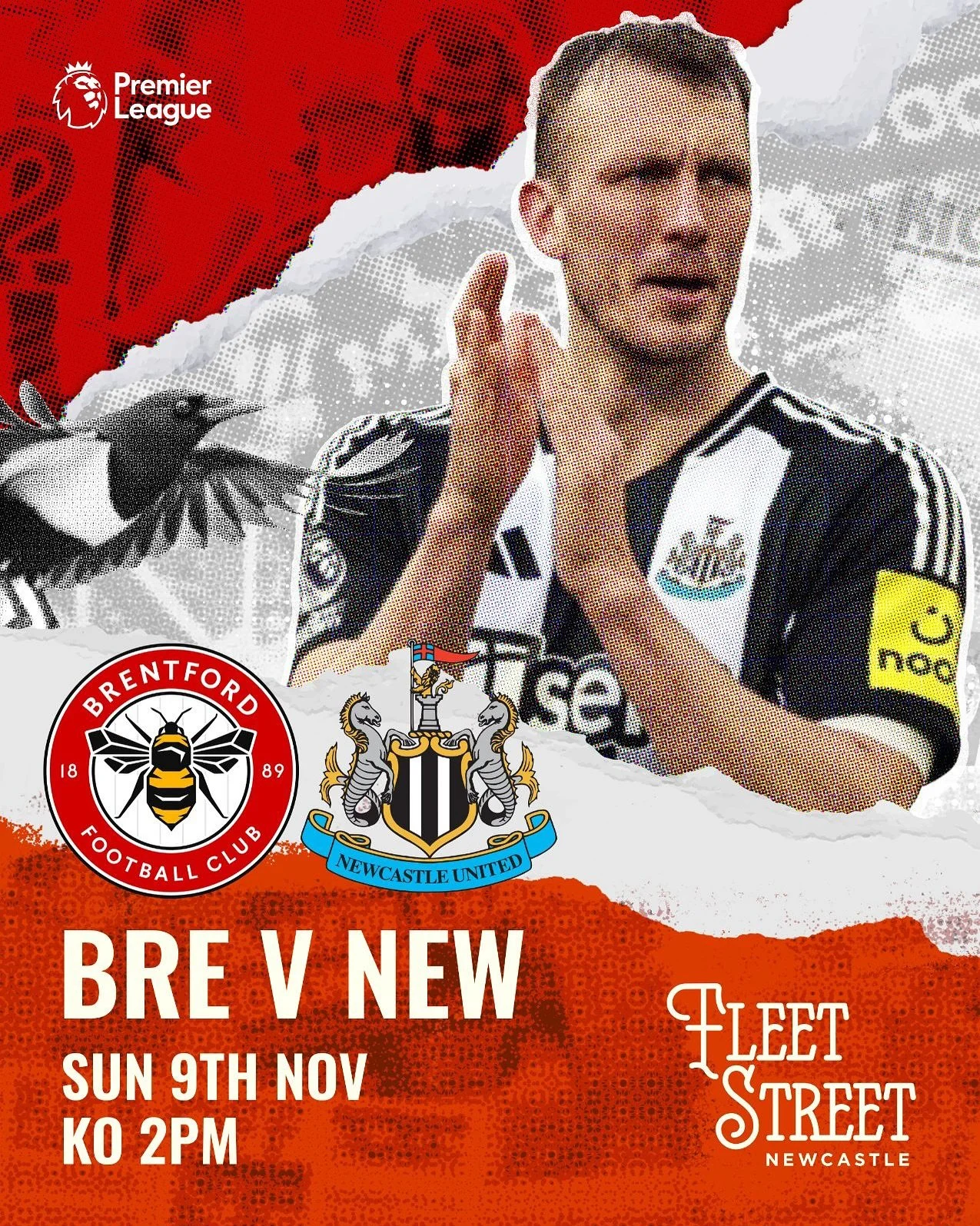 Newcastle take on Brentford this Sunday, KO 2pm!
We&rsquo;ll have our &pound;8 Pie &amp; Pint combo on all day, plus &pound;1 drinks whenever the Toon hit the net. 🍺⚽️
See you at Fleet Street! 🙌

#Matchday #NUFC #BrentfordVsNewcastle #ToonArmy #Foo