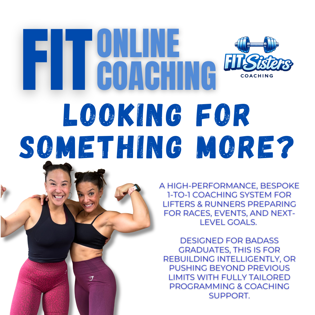 Fitness advertisement for FIT Sisters online coaching featuring two women in workout clothes, smiling and flexing their muscles, with text promoting high-performance, bespoke coaching for lifters and runners.