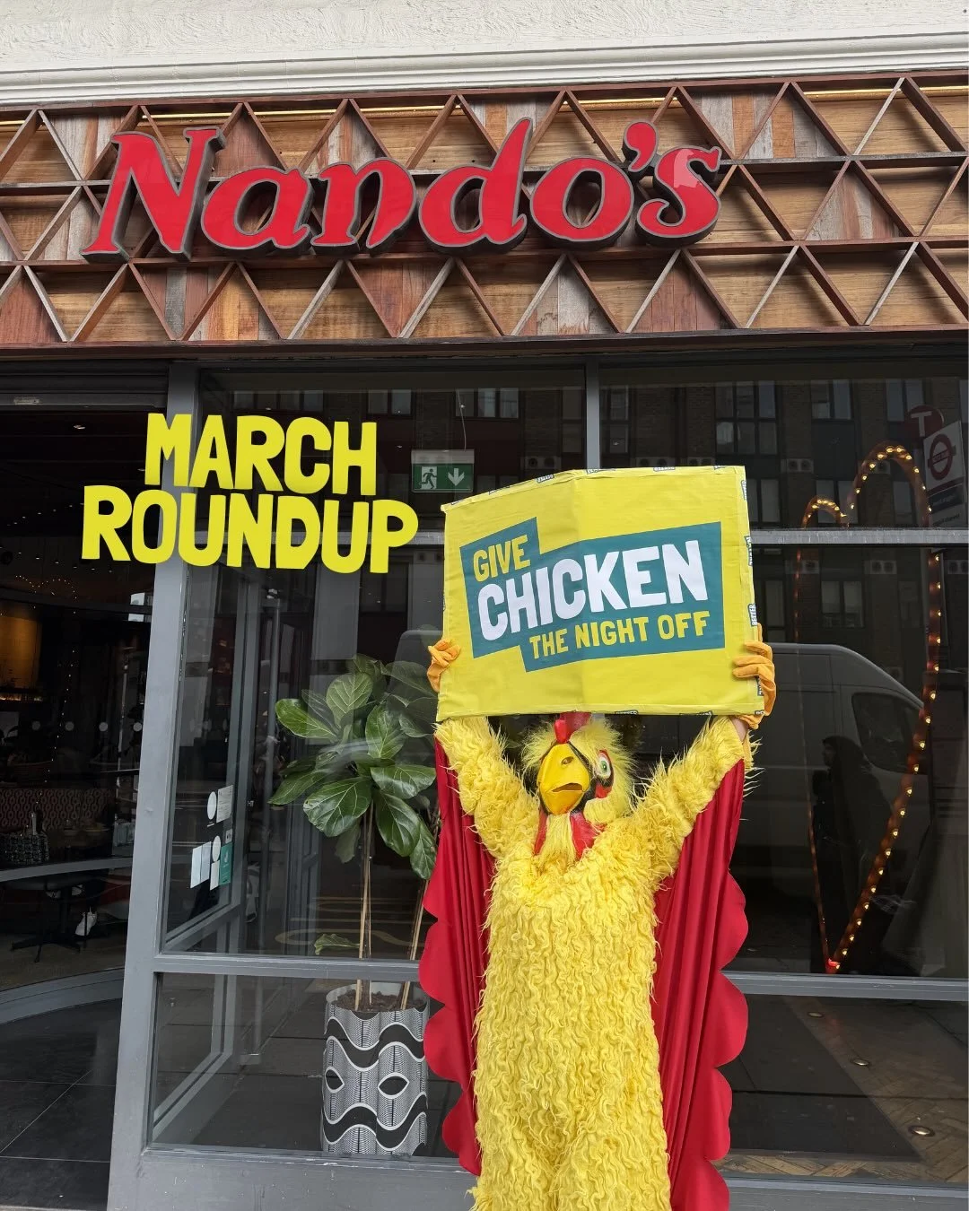 Our March roundup is here 🌟

1 &amp; 2. We took &lsquo;Give Chicken the Night Off&rsquo; outside Nando&rsquo;s, handing out our Peri Peri Tempeh to the people. Available @tesco 👀
3. The Grocer featured us in their marketing campaigns section. Not b