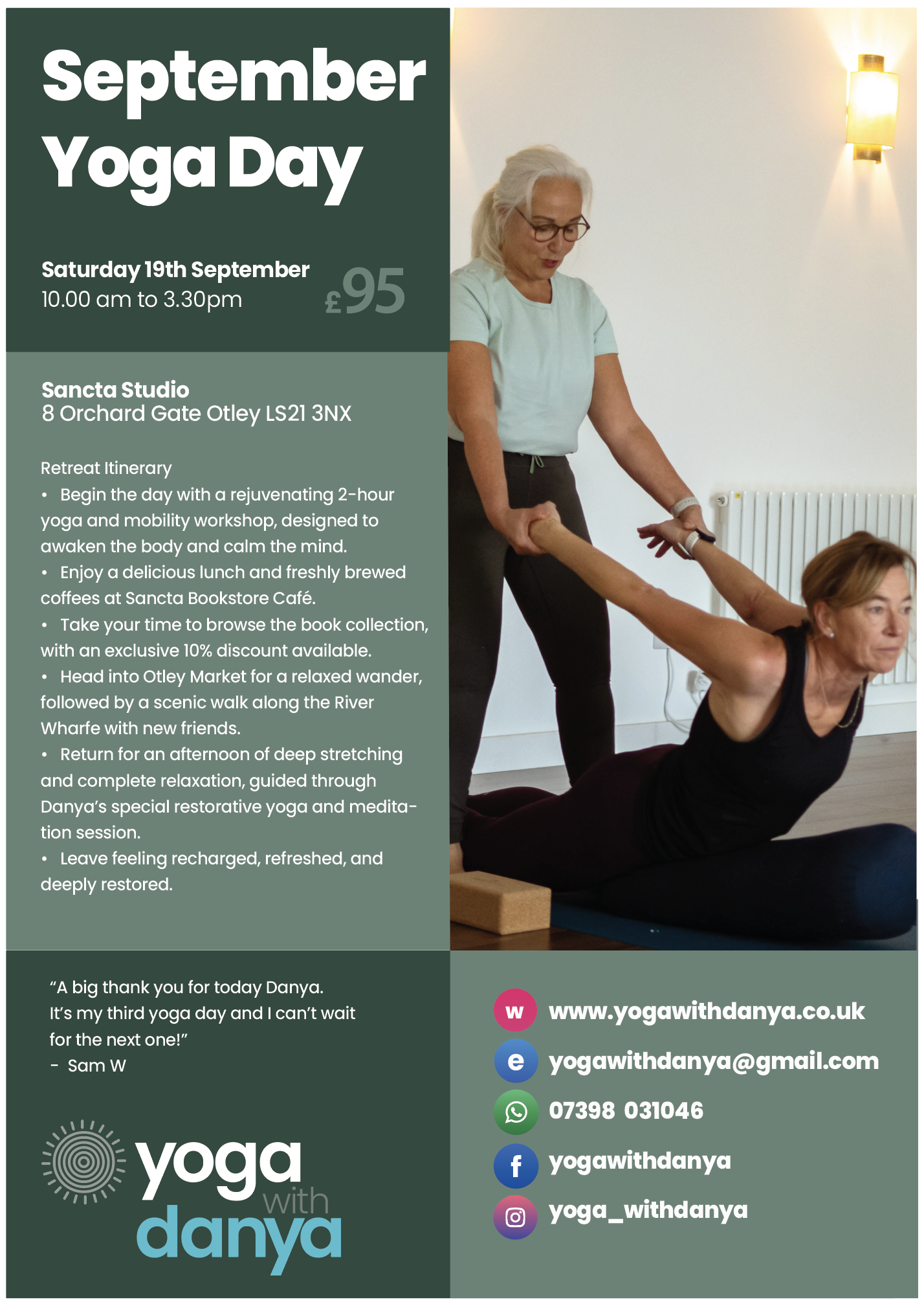 Announcement poster for September Yoga Day event on Saturday 19th September from 10:00 am to 3:30 pm at Sancta Studio, Otley. The event includes yoga, a bookstore café, a scenic walk, and restorative yoga sessions. Contact information and social media links are displayed at the bottom.