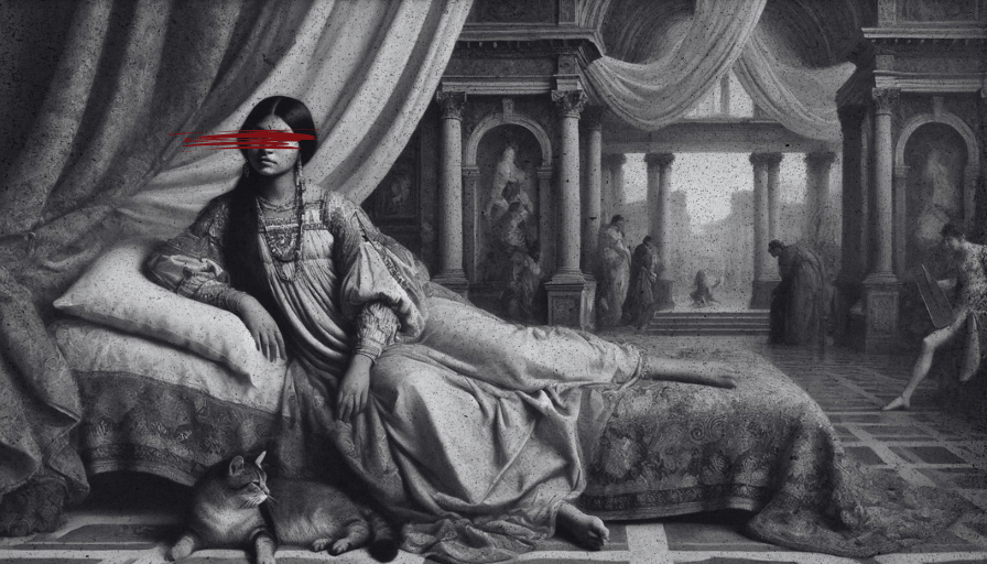 Ancient Indian Woman Lounging in Roman Building with her cat.