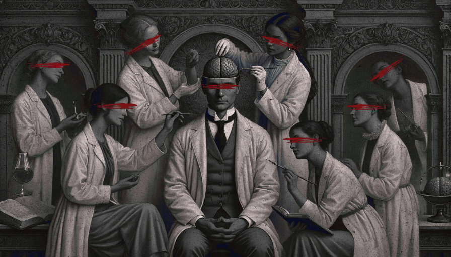 Women in Lab Coats Surrounding One Man in the Center and Dissecting His Brain