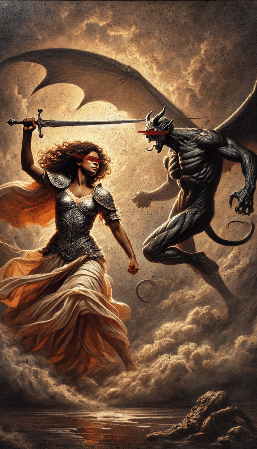 Woman in Armor Defeating a Demon