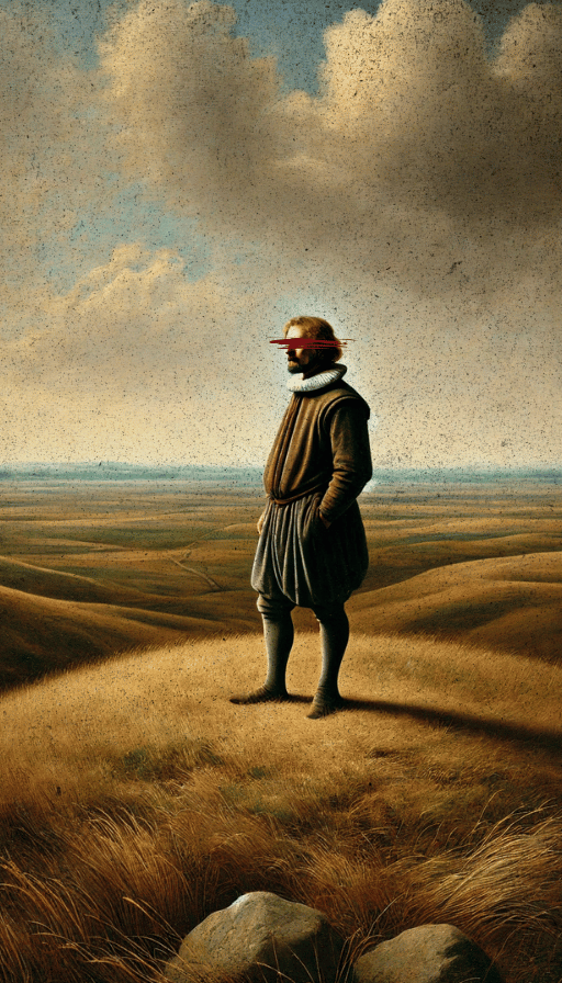 Man standing alone in a field painting