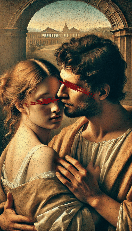 A man holding a woman in his embrace