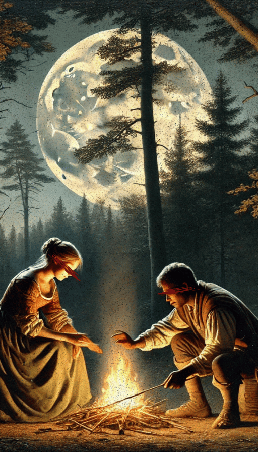 Man and Woman around a bonfire under the full moonlight in the woods.