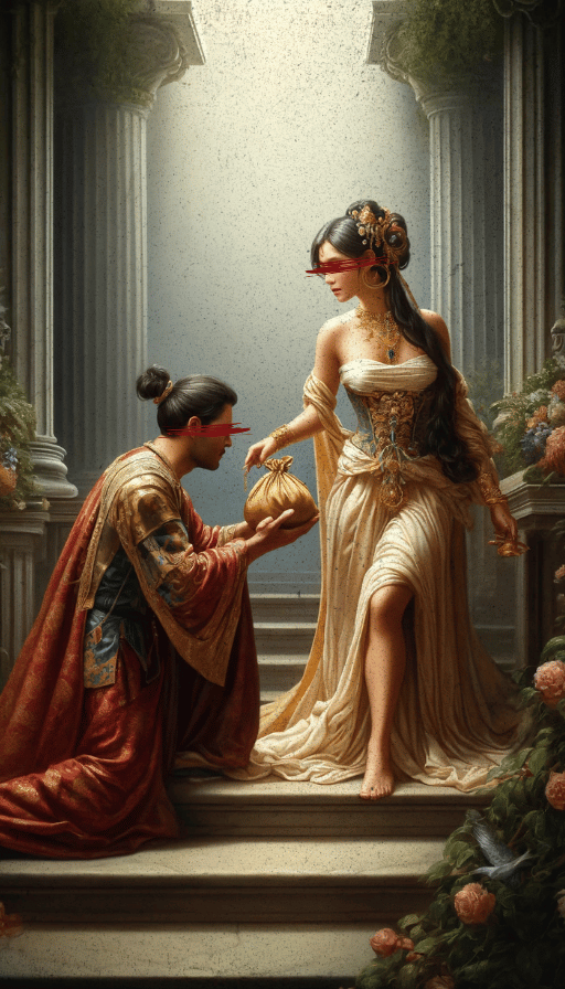 A man on his knees offering money to his woman