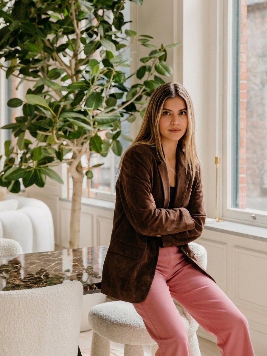 Amanda Leon wearing a chocolate suede blazer in the Office