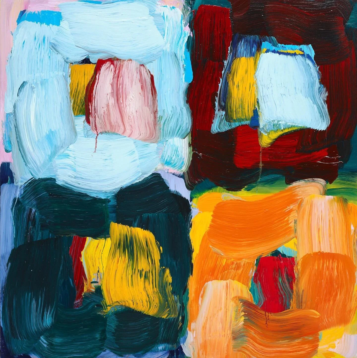 O&rsquo;Mara&rsquo;s gestural, physical mark-making is charged with emotion and energy as layers of oil paint are pushed and pulled across the canvas, creating complex, painterly surfaces which vibrate with overlapping colours. Each mark builds upon 