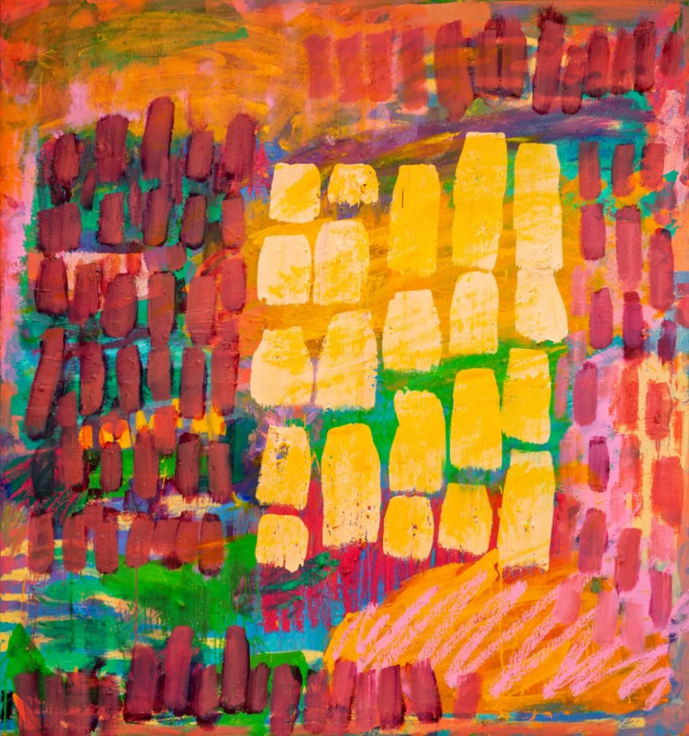 Gilpin begins her process by priming the canvas and applying a single block of colour on which she gradually builds up layers, until the composition begins to take form. There is a profound physicality and musicality to her paintings, their scale nec