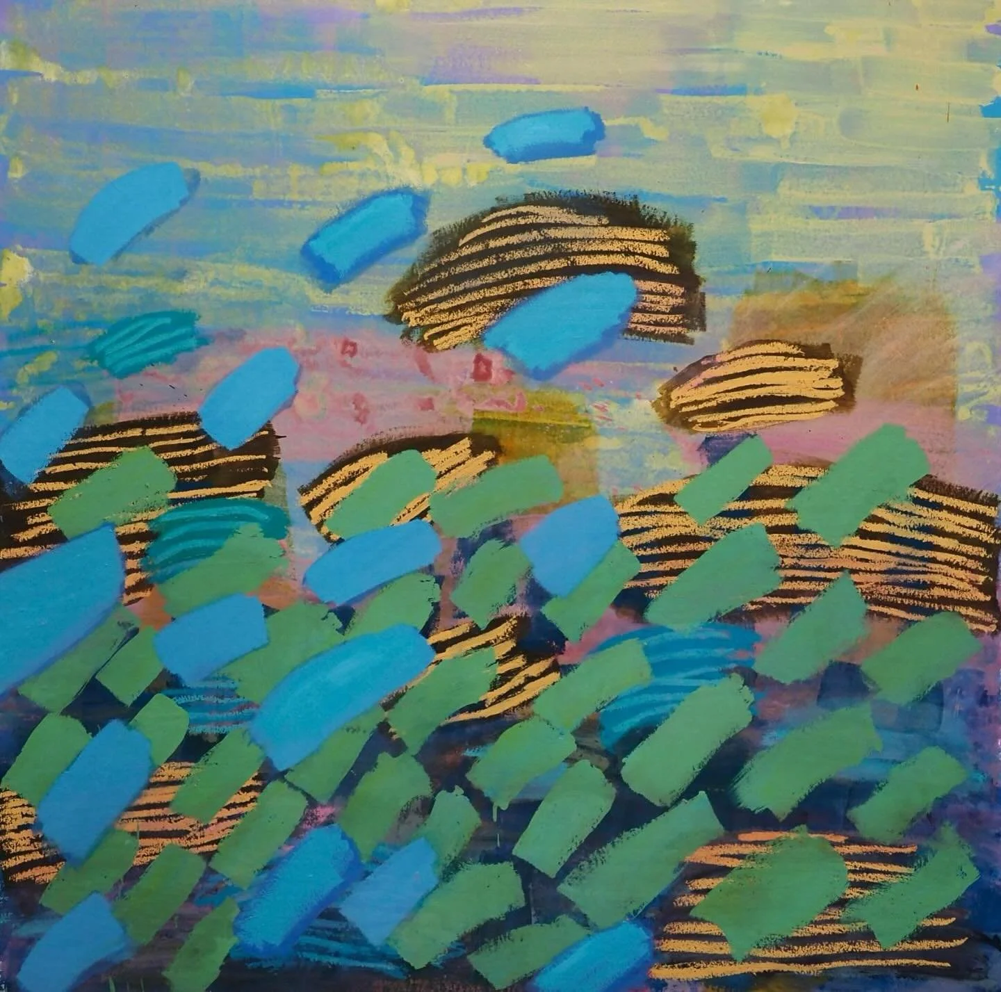 Gilpin&rsquo;s approach to painting is both varied and intentional, encompassing two distinct techniques that reflect contrasting emotional states. Her early works employed soak-staining with acrylics on unprimed canvas, a process she discovered duri