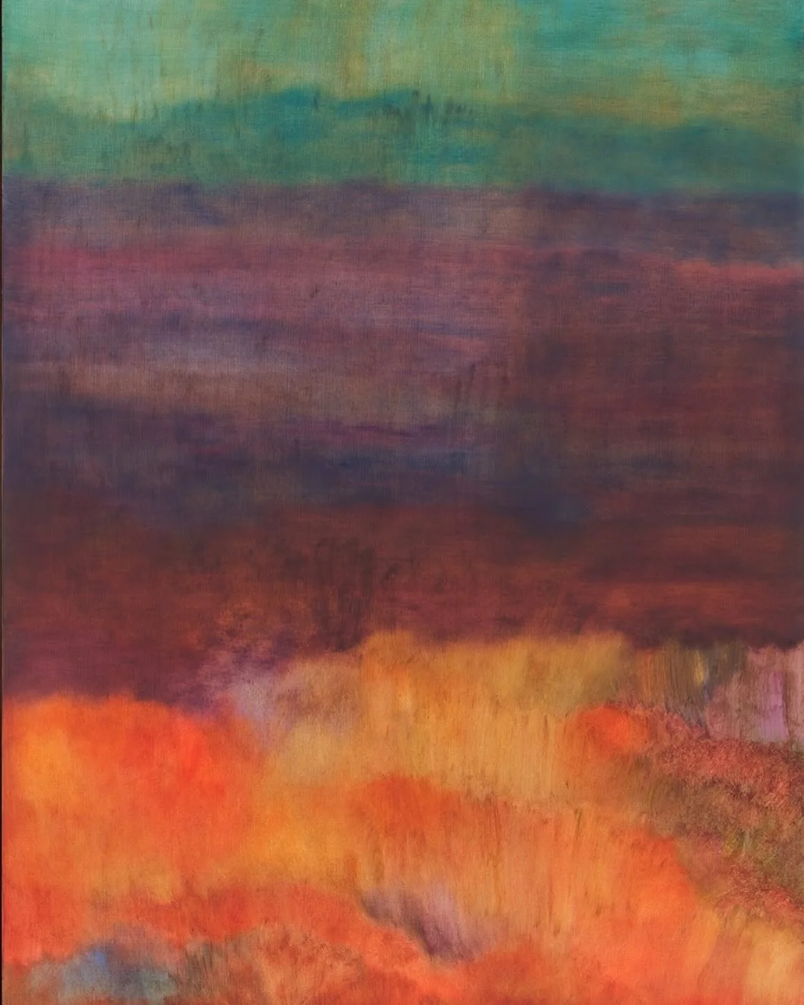 The idea that these paintings embody complex layers of feeling and sensation is echoed in the act of painting itself in which Gesang-Gottowt continuously applies and scrapes away layers of paint until the work finds its natural conclusion. A very phy