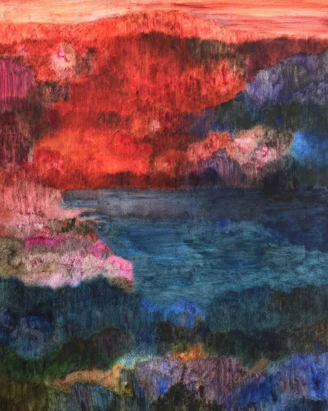 These recent works communicate this other plane beautifully, blurring the lines between abstraction and figuration in which lucid forms of trees and plants or pools of water emerge and dissolve and planes of sombre blues and greens are punctuated wit