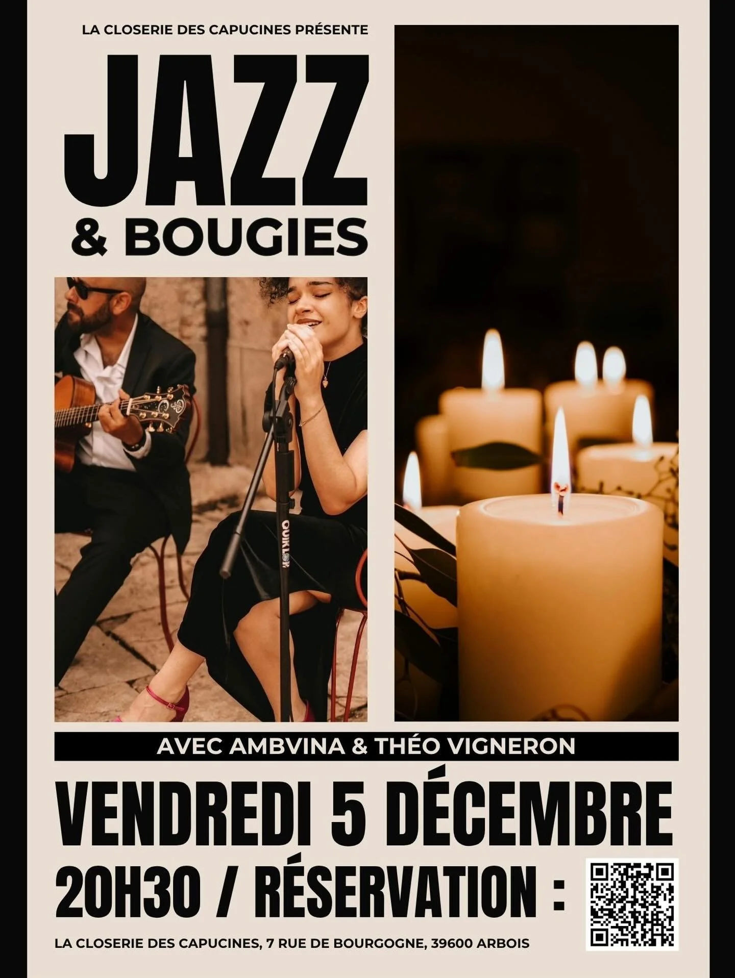 La Closerie des Capucines pr&eacute;sente : Jazz &amp; Bougies 🕯️

Rejoignez-nous dans notre cave enti&egrave;rement restaur&eacute;e pour la premi&egrave;re &eacute;dition d&rsquo;un concert de jazz &eacute;clair&eacute; &agrave; la lueur de centai