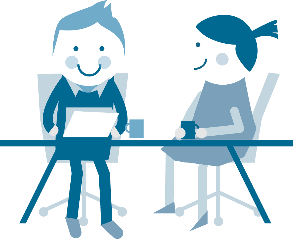 Two cartoon characters, a man and a woman, sitting at a table having a conversation. The man is reading a document, and the woman is holding a coffee mug. Both are smiling and appear to be engaged in a friendly discussion.