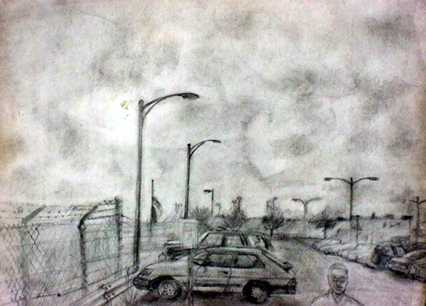 unfinished self portrait working at the airport. 
pencil on paper approx 10"x12"