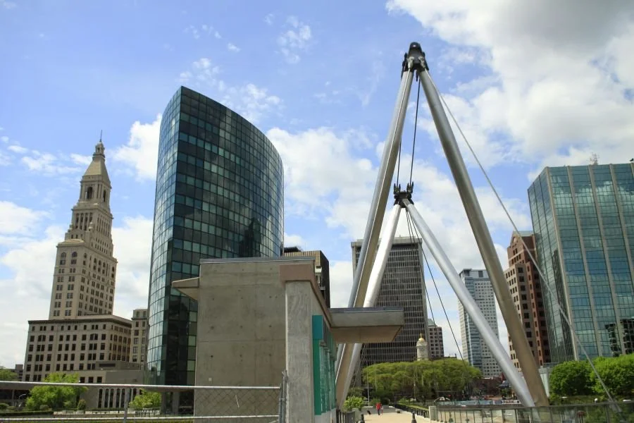 “The Arch sculpture welcoming bridge walkers into downtown Hartford.”