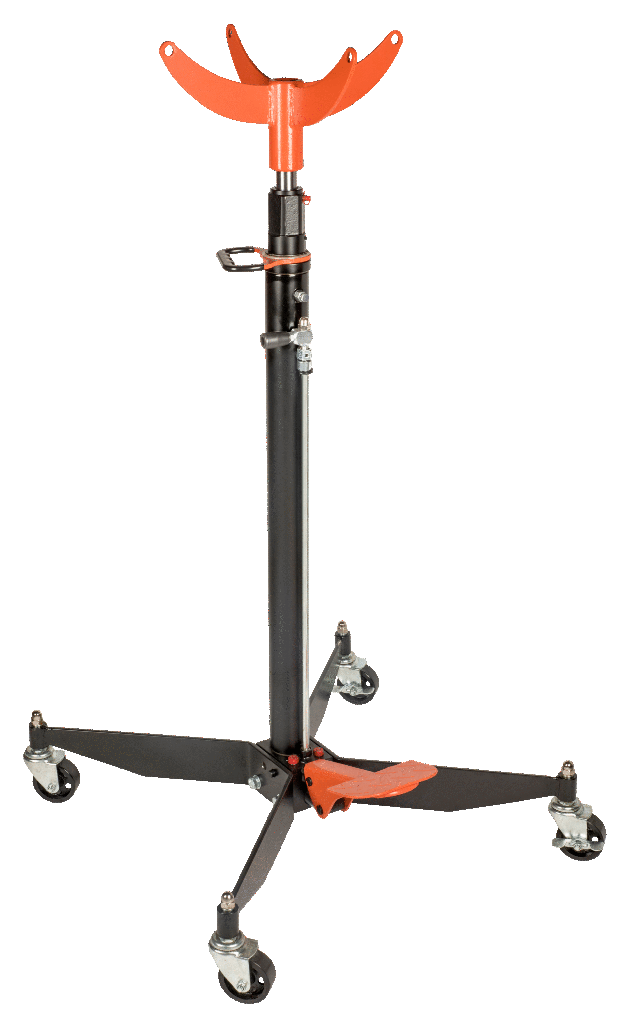 Support pour échasses avec roues, orange et noir, utilisé pour la mobilité ou le stabilisateur.