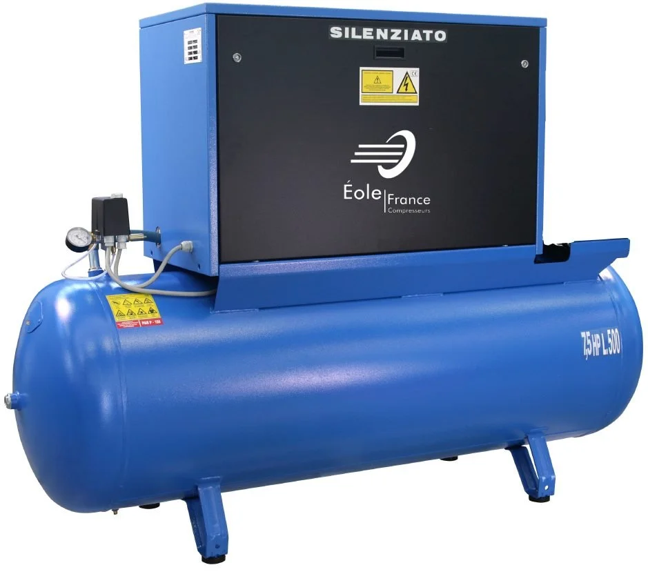Un compresseur d'air bleu avec un panneau de contrôle noir, marqué 'Silenziato' et une inscription 'Éole France Compressors'.