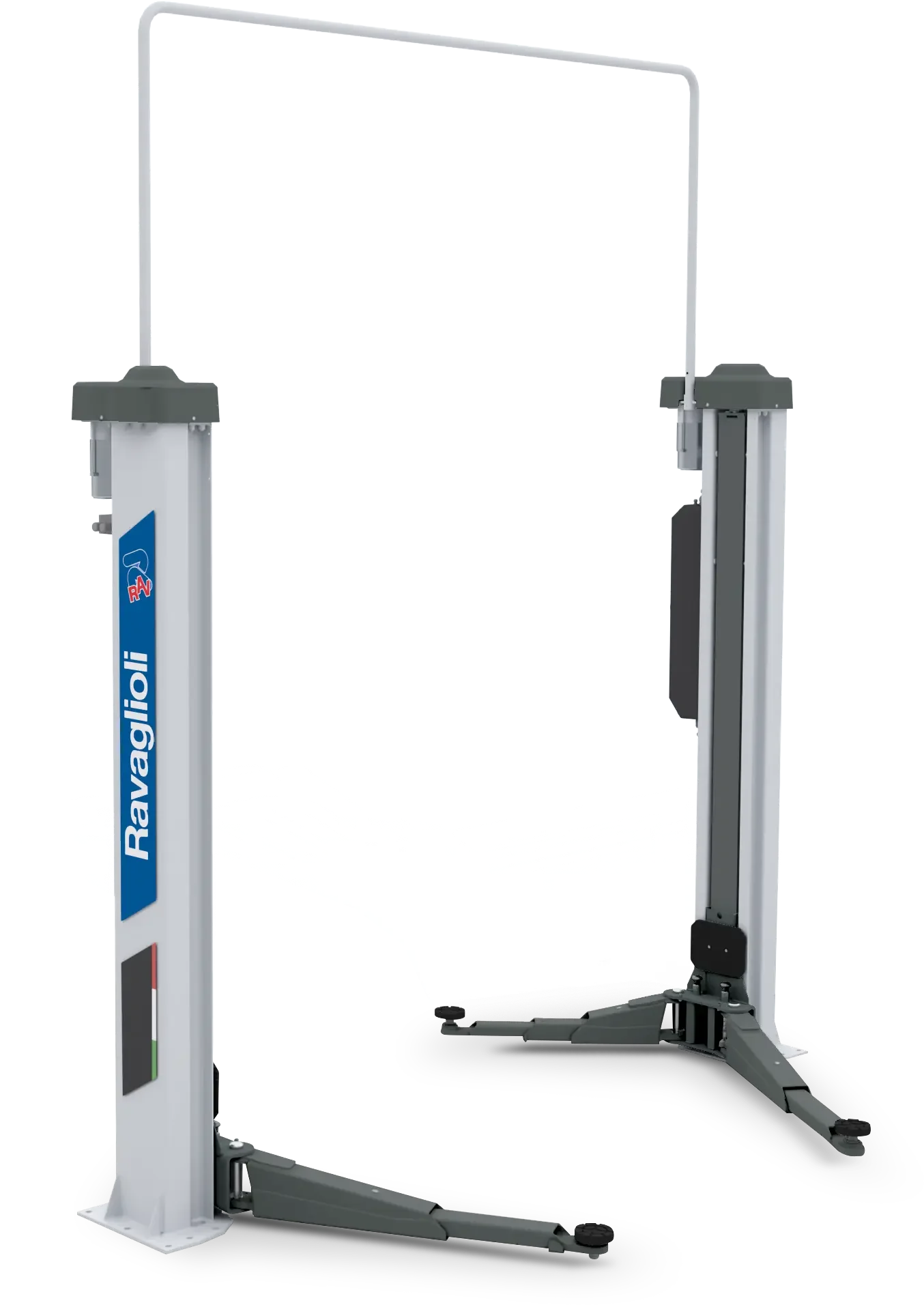 Pont élévateur de voiture blanc avec une vitre de protection en haut, marque Ravaglioli, utilisé dans un atelier de réparation automobile.