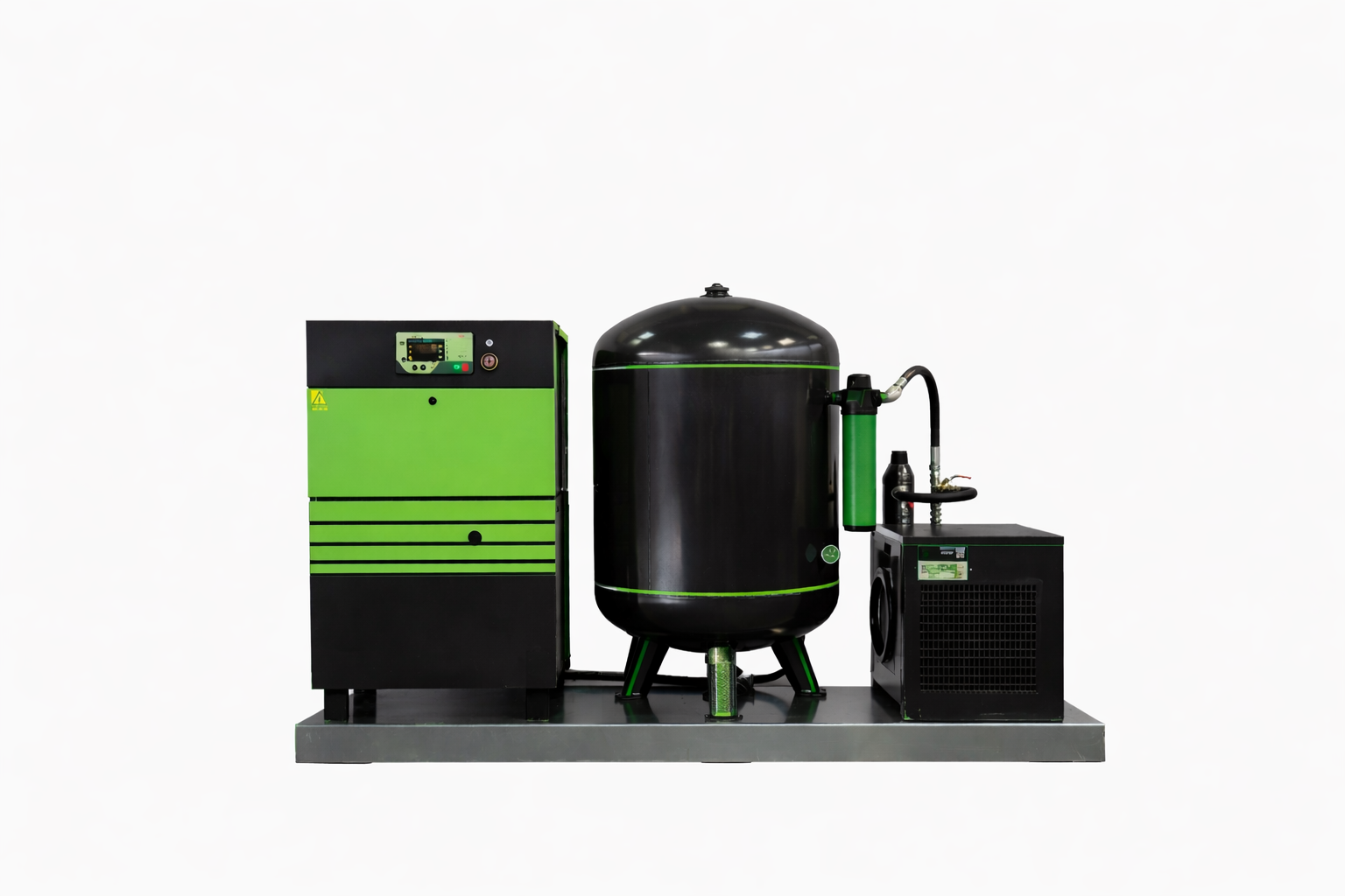 Système de refroidissement écologique vert et noir avec compresseur et réservoirs sur plateforme métallique.