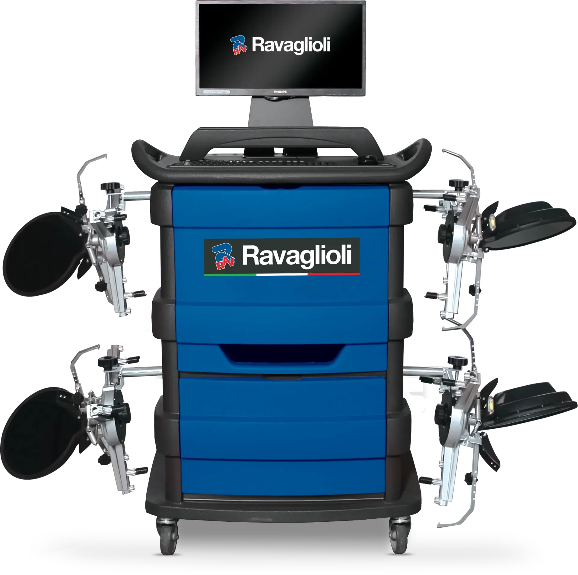 Un équipement de diagnostic automobile avec un écran à l'écran, portant le logo Ravaglioli, équipé de bras mécaniques avec capteurs et appareils de diagnostic pour véhicules.
