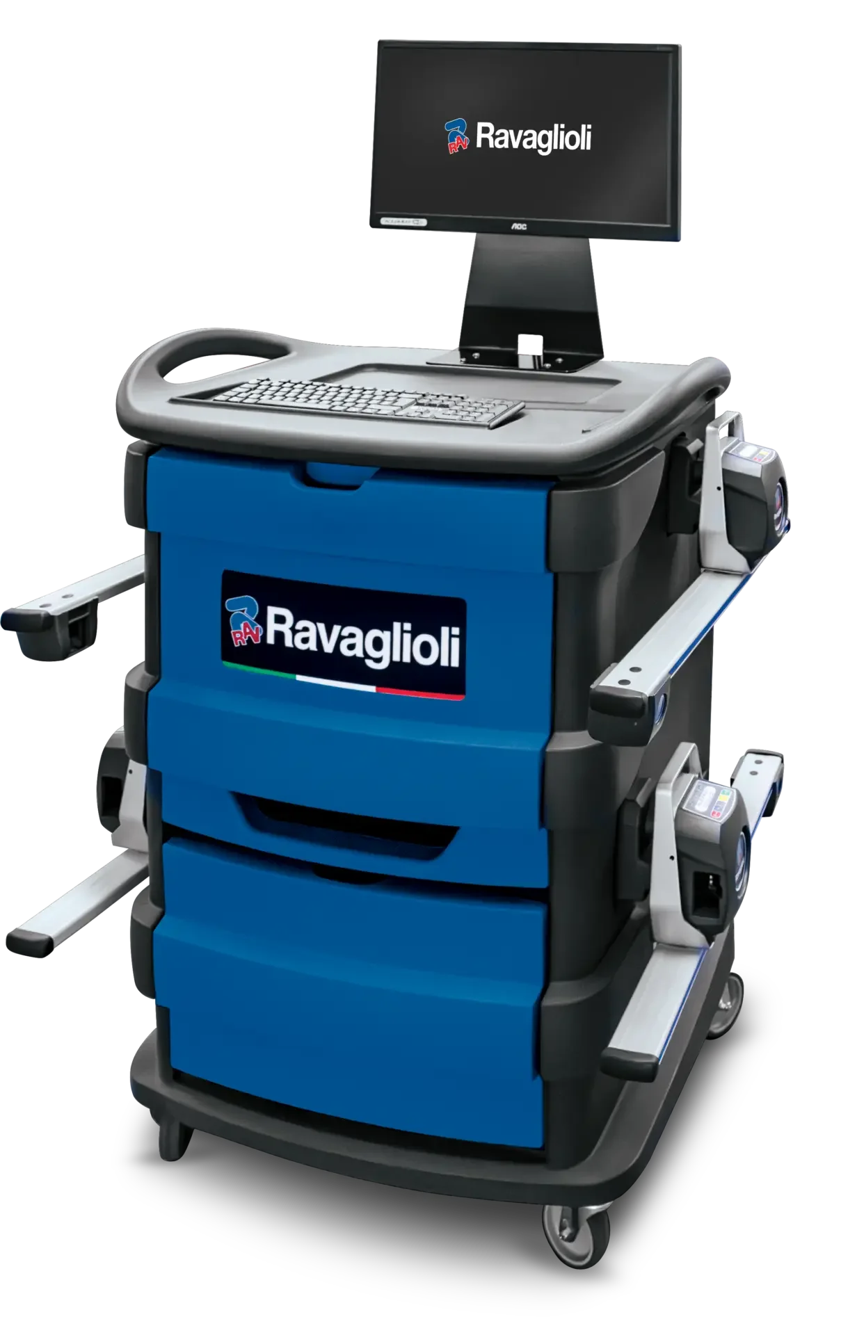 une machine de course face à une table télémétrique de course avec un écran et un clavier, portant le logo "Ravaglioli".