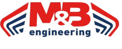 Logo M&B Engineering avec des lignes bleues et rouges.