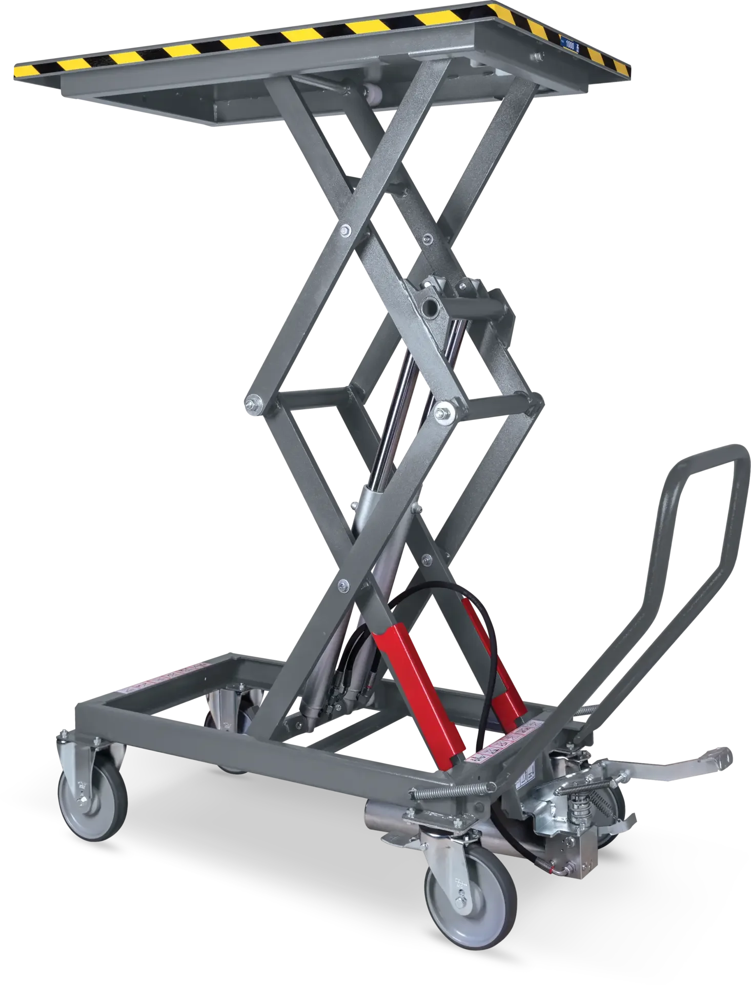 Plateforme élévatrice mobile avec structure en métal, roues et système hydraulique pour ajuster la hauteur.